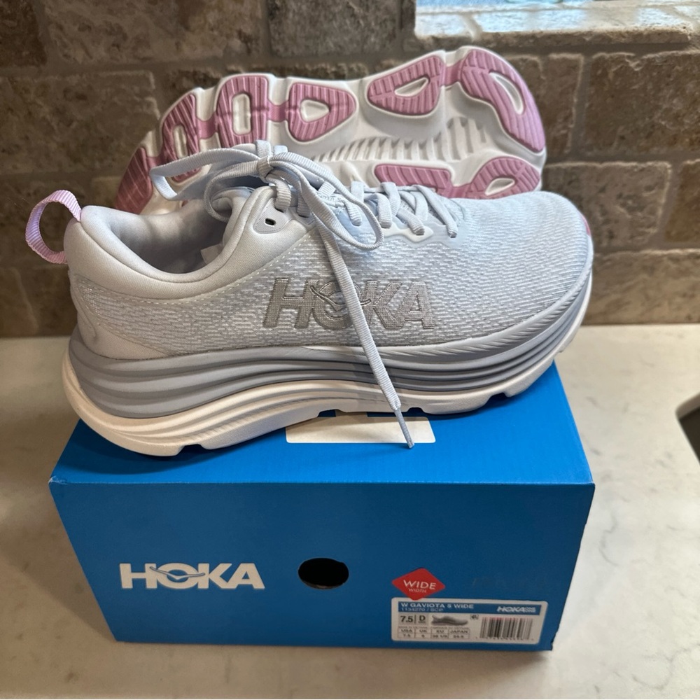 Hoka White Athletic Shoes with Pink Heel Loop - Picture 2 of 16